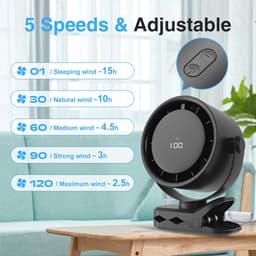 Draagbare USB Mini Desk Fan - 4000mAh, LED Scherm, 5 Snelheden, 360° Rotatie, Hangclip — thumbnail 3