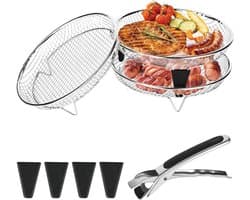 3-pack Stapelbare Airfryer Mandjes RVS - Ronde Roster met Siliconen Voetjes en Tongs