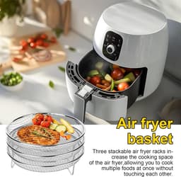 3-pack Stapelbare Airfryer Mandjes RVS - Ronde Roster met Siliconen Voetjes en Tongs — thumbnail 7