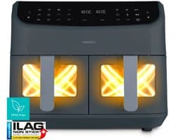 MEDION P20 XXL Heißluftfritteuse mit 2 Kammern (8,7 Liter, Airfryer, 2.600 Watt, Doppelkammer, 10 Automatikprogramme, 2 Schubladen, Sichtfenster, Dualer Airfryer, ILAG PFAS-frei, MD11760) matt grau