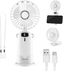 Draagbare Oplaadbare Mini Nekventilator met 5 Snelheden en Telefoonhouder - USB Ventilator voor Thuis, Kantoor en Reizen — thumbnail 5