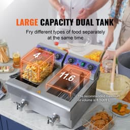 Professionele friteuse - Dubbele elektrische tafelmodel - Capaciteit 2 x 11 L - Vermogen 3000 W - RVS behuizing - Temperatuurregeling & timer - Dubbele tank & 2 manden - Zilver — thumbnail 4