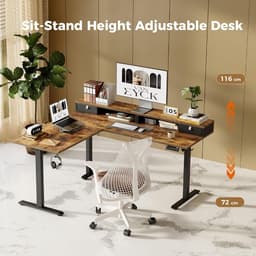 Elektrisch Staand Bureau L-Vormig met Laden 160x140 cm – In Hoogte Verstelbaar Hoekbureau met Opbergruimte, Ergonomisch Zit-Sta Bureau voor Thuiskantoor – Massief Bruin Hout & Stalen Frame – HomeByNicole — thumbnail 4