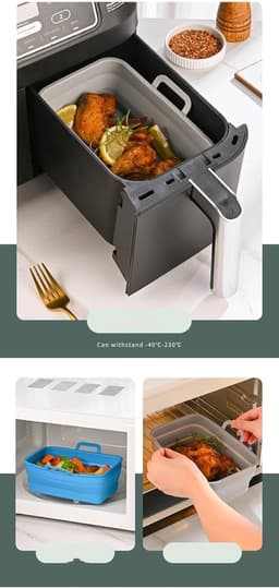 1 stuk Siliconen frituurmandje - Opvouwbaar met dubbele uittrekbare opbergruimte - Speciaal bakblik voor airfryer - Universeel te gebruiken in oven en magnetron - 12,7 cm × 19,56 cm × 7,01 cm - Geschikt voor airfryer, oven en magnetron - Zwart — thumbnail 5
