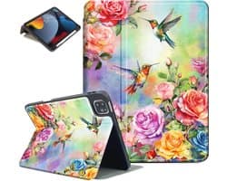 Beschermhoes voor iPad Air 11 inch M2 2024 - 5e/4e generatie, Auto Sleep/Wake, verstelbare standaard, kleurrijk kolibrie bloemen ontwerp