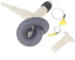 Afvoeradapter met T-stuk voor de afvoer van wasmachines en drogers, inclusief verlengslang.