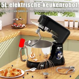 Deegmachine - Keukenmachine - Stille Roermachine - Incl. 5 Liter Roestvrijstalen Kom - 3 Mengaccessoires - Spatbescherming - Deegschraper En Eierscheider - Deegmachine Met 8 Standen - (Zwart) — thumbnail 4