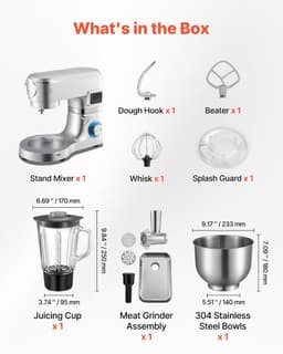 Elektrische Keukenmachine - Standmixer/Deegmixer - 1500 W - RVS Kom 5,7 L - Mengkom 1,5 L - 6+P Snelheden - Inclusief Deeghaak, Garde En Klopper — thumbnail 4