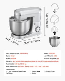 Keukenmachine Staande Mixer - Planetaire Deegmixer - 1500W Vermogen - RVS Kommen 4,2L + 5,7L - 10 Snelheden - Kantelbare Kop - Met Deeghaak, Garde en Klopper — thumbnail 4