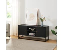 Stijlvol laag TV meubel met 2 deuren en open vakken 120 cm breed zwart metaal
