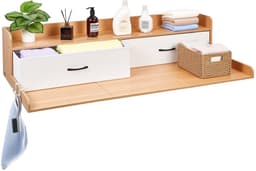 Werkblad voor Wasmachine en Droger - Opzetblad - Afmeting 137 x 69,9 cm - Met Opbergplank - Twee Lades - Haken - Draagvermogen 113 kg - Naturel Hout — thumbnail 5