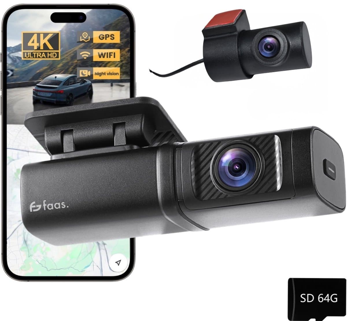 Dashcam - 4K HD - 64GB - Voor auto - Voor en Achter Camera - G-Sensor - Timelapse Functie - Dual Dashcam - Faas — afbeelding 1