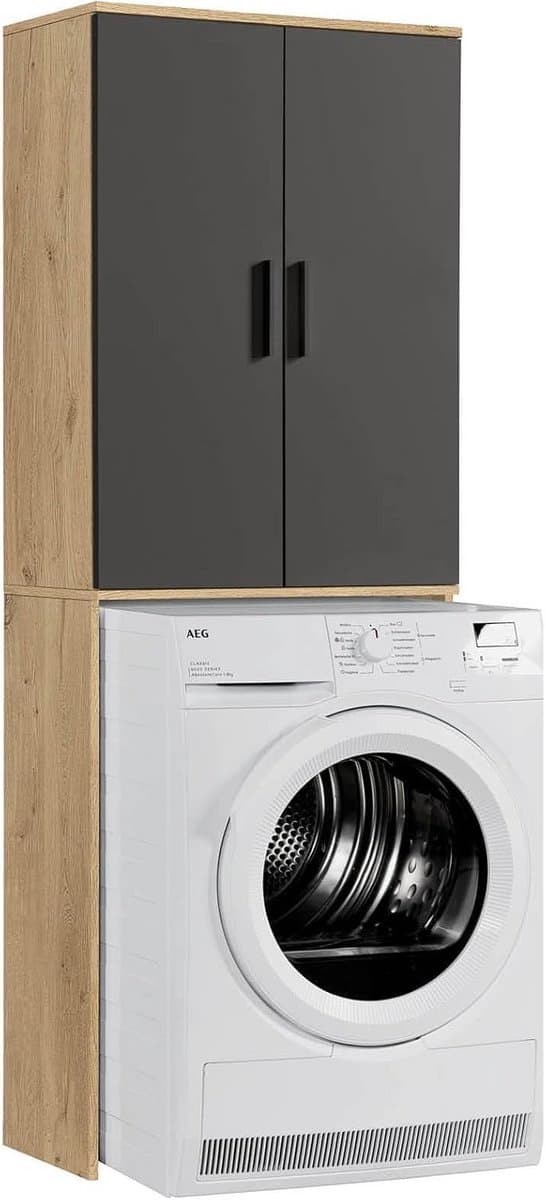 Hoogte Kast voor Wasmachine en Droger met Deuren in Eiken Zwart — afbeelding 1