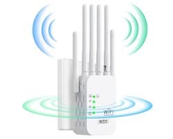 Ynkkvre -WiFi Repeater & Router 3-in-1 – WiFi Versterker met 6 Antennes – 802.11ac Access Point – Stabiele Draadloze Dekking tot 200 m² – Wit