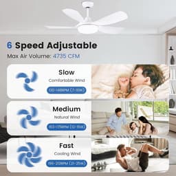 RFWR® Plafondventilator met licht en afstandsbediening, 106 cm, stille DC-motor, 5 vleugels, 6 snelheden, geheugenfunctie, wit — thumbnail 5