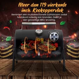 Muntel® Houtskoolbarbecue - Smoker - BBQ - Grill - Draagbaar - Uitklapbaar - Cilinder - Camping - Zwart — thumbnail 4