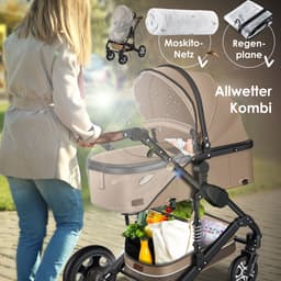 KESSER® Kinderwagen 3 in 1 Loops Wandelwagen Set incl. Autostoel & Reiswieg & Buggy Sportzitje - Massieve Rubberbanden - Luiertas / Regenhoes - Beige / Zwart — thumbnail 5