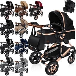 KESSER® Kinderwagen 3 in 1 Loops Wandelwagen Set incl. Autostoel & Reiswieg & Buggy Sportzitje - Massieve Rubberbanden - Luiertas / Regenhoes - Zwart / Roségoud — thumbnail 4