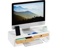 monitorstandaard - bamboe - 2 lades - ruimte voor toetsenbord - beeldscherm verhoger - wit