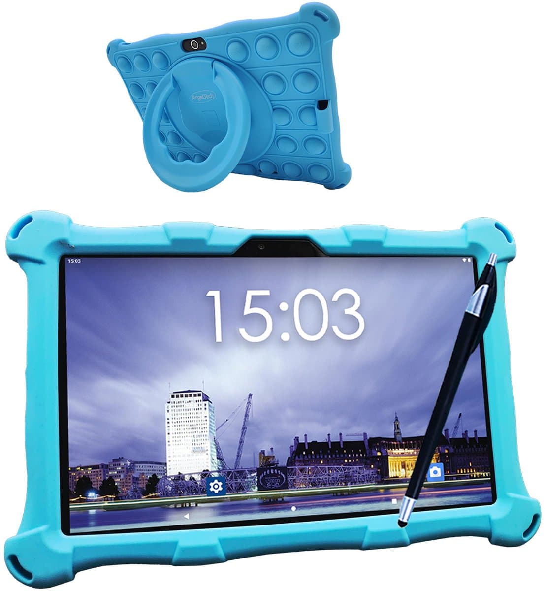 AngelTech Kindertablet XL – 3+4GB RAM - 32+64GB – Android 14 - 100%Kidsproof - Extra Groot – Vanaf 3 Jaar - Ook Voor Volwassen Gebruik - 10 Inch - Ouderlijk Toezicht – Fidgy Beschermhoes – Blauw — afbeelding 1