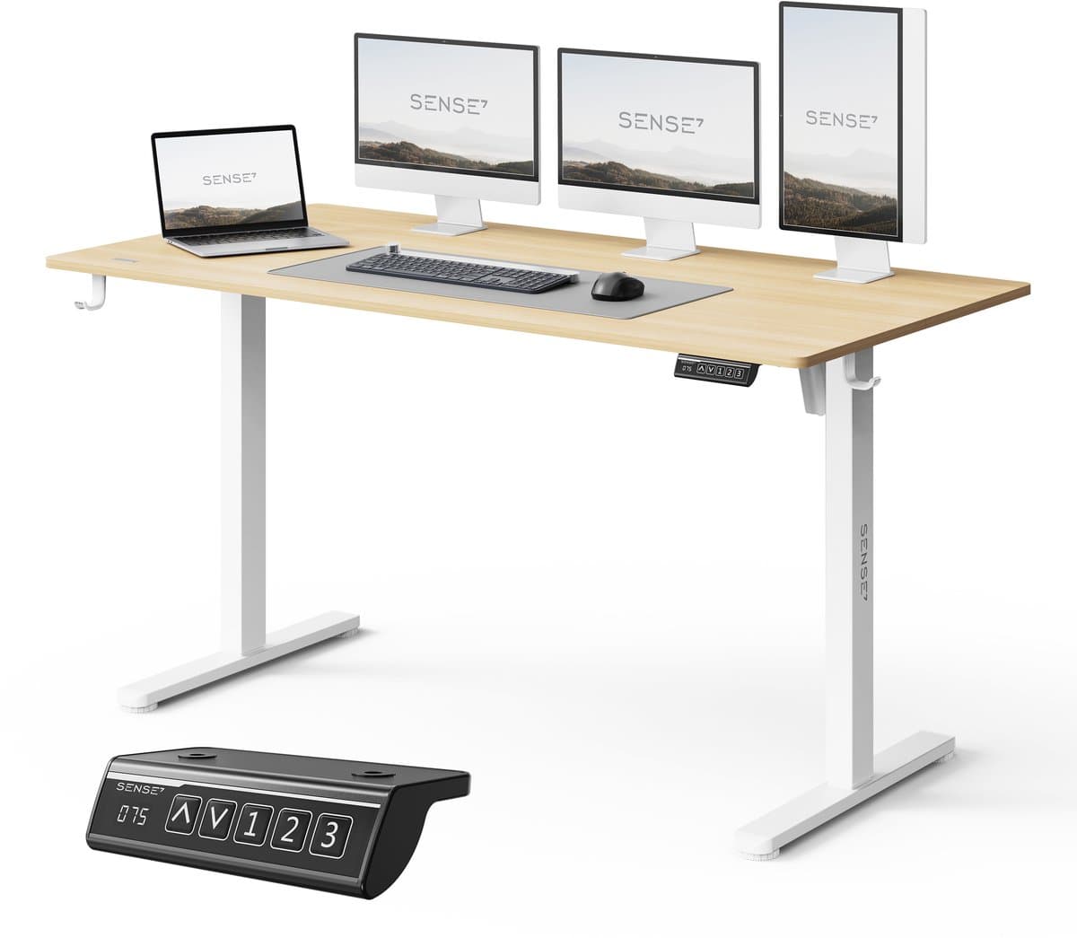 SENSE7 NOJO LIGHT - Zit Sta Bureau - 140 cm x 70 cm - Elektrisch bureau - Verstelbare bureau - Elektrische Hoogteverstelling - Hoogte 72-118 cm - Intelligent Bedieningspaneel - Lichtbruin-wit — afbeelding 1