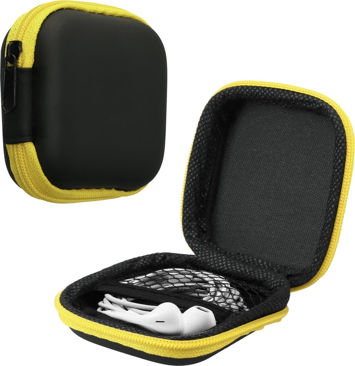 kwmobile Square Carrying Case for Earphones - Portable Storage Bag Pouch for Headphones Earbuds Small Objects with Zipper - Yellow / Black — afbeelding 1