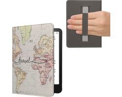 kwmobile e-reader hoesje geschikt voor Amazon Kindle Paperwhite (2024)/Colorsoft hoes - E reader flip case met magneetsluiting - Ereader cover - Travel Wereldkaart design in zwart / meerkleurig