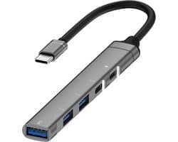 USB -C naar 2X USB-C + USB 3.0 + 2X USB 20 - Adapter hub kabel extender - geschikt voor o.a. Laptop en Macbook - grijs