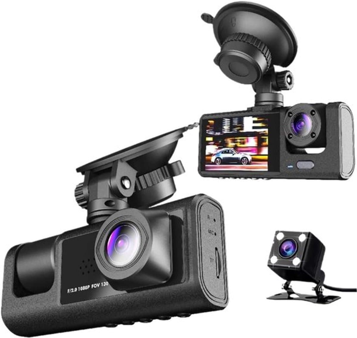 Dubbele dashcam voor in de auto, voor- en binnenkant, autobeveiligingsvideorecorder met audio, 1080P, voertuigcamera, plug-and-play, WDR, nachtzicht, automatische vergrendeling met G-sensor, 2 inch scherm（Met 16G geheugenkaart） — afbeelding 1
