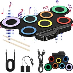 Oprolbaar Elektronisch Drumstel - Draagbare Drum Pad Set 7-in-1 - 7 Siliconen Drumpads - 8 Demoliedjes, 5 Drumgeluiden en 3 Ritmes - USB- of Batterijvoeding - 3,5mm Audioaansluiting - Voor Beginners, Thuis en Onderweg — thumbnail 1