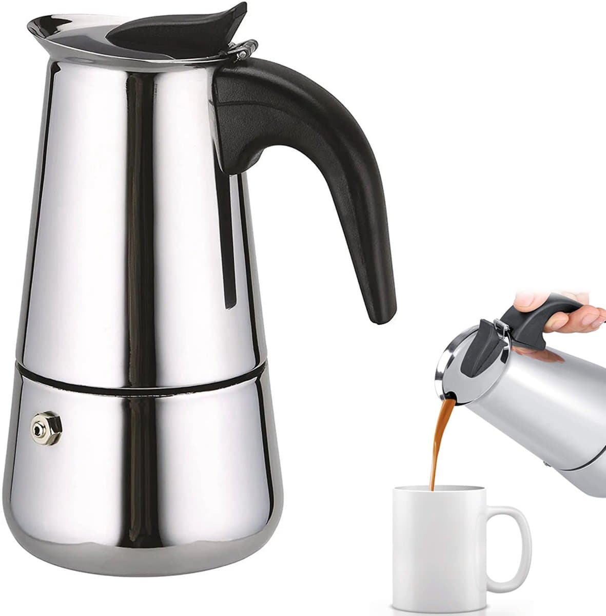 Roestvrijstalen mokkapot – Maximale breedte 9,7 cm, maximale hoogte 19,8 cm – Geschikt voor inductiekookplaten – Espressomachines – Koffiezetapparaten – Mokkapotten – Klassieke achthoekige espressopot. — afbeelding 1