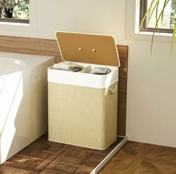 COVREO Wasmand 52x32x63 cm wit, bamboe 100 L met deksel en 2 vakken — thumbnail 1