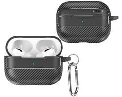 TPU Hoesje geschikt voor Apple AirPods Pro 3 | met Karabijnhaak | Carbon Textuur | Zwart