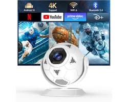 SnelShoppen - Mini Projector 4K Met 360° Voetbal Motief, Draagbare Wifi 6 Bluetooth 5.4 Projector Voor Thuisbioscoop, Buiten, Camping, Auto Keystone,