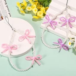 2 stuks kralen telefoonhangers met strikjes, universele esthetische delicate schattige parel strik kralen telefoon polsband voor tas camera oordopjes hoesjes decoratie (roze en paars) — thumbnail 3
