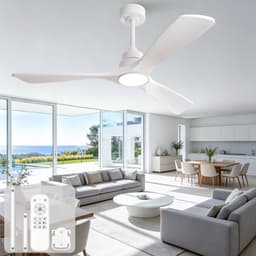 52 inch Plafondventilator in puur wit - Draadloze afstandsbediening - 3 kleurtemperaturen instelbaar - 6 snelheden - Omkeerbare DC-motor - Drie massief houten versterkte bladen — thumbnail 1