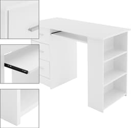 Bureau met drie laden drie legplanken en toetsenbordlade 110x49x75 cm Wit hout ML-Design — thumbnail 3