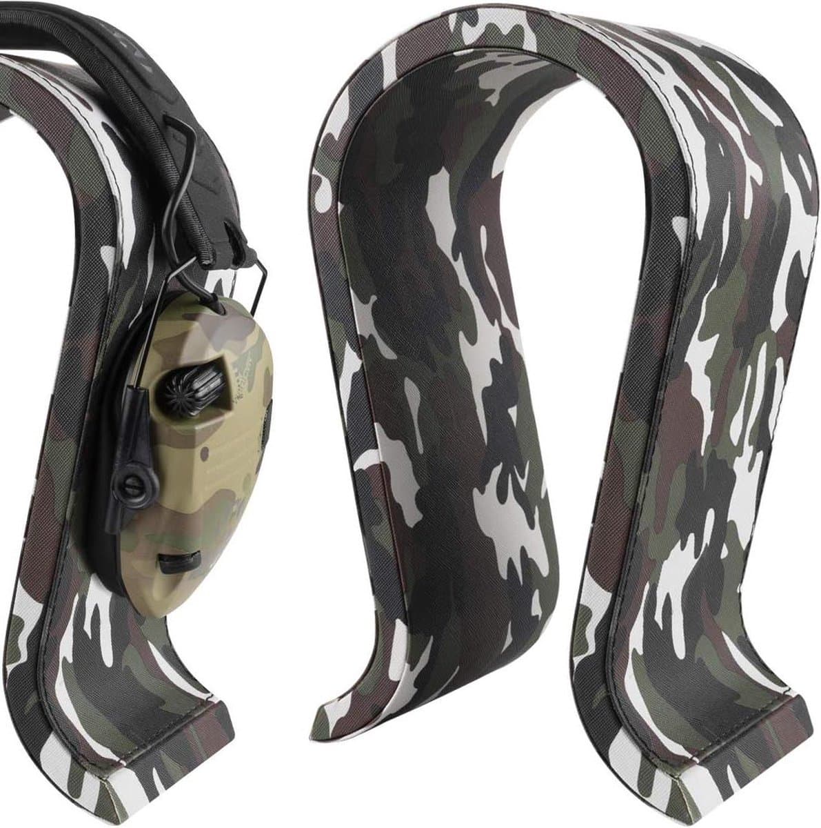 Houten Omega hoofdtelefoonstandaard voor over-ear hoofdtelefoon - veganistisch leder - gaming headset standaard - bureaudisplay hanger - Sordin Walker's HyperX SteelSeries - Camo — afbeelding 1
