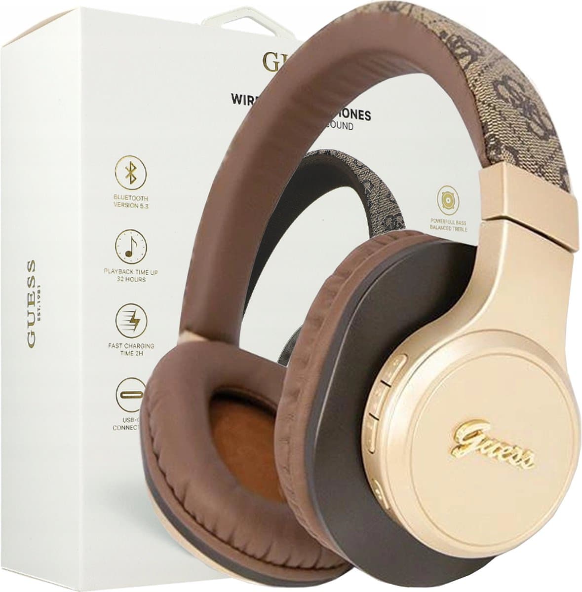 Guess 4G Script Logo - Bluetooth Stereo Over-Ear Koptelefoon - Bruin — afbeelding 1