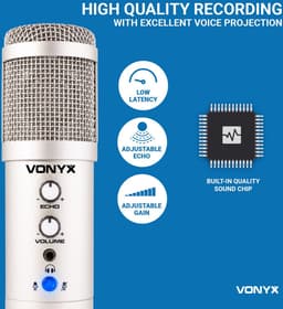 USB microfoon voor pc - Studio microfoon met standaard - Vonyx CMS320 Condensator - Ruisfilter- Titanium — thumbnail 4