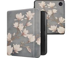 kwmobile e-reader hoesje geschikt voor Kobo Libra Colour hoes - E reader flip case met magnetische sluiting - Ereader cover - Magnolia design in taupe / wit / blauwgrijs