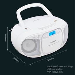 MEDION E66476 Stereo Sound Systeem (Boombox, CD-speler, MP3, cassette, draagbare cassettespeler voor kinderen, FM-radio, AUX, hoofdtelefoon, netstroom & batterij), wit — thumbnail 2