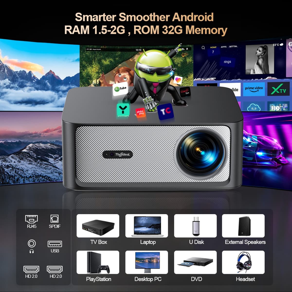 Beamer Android Versie - 200 W Vermogen - 1920 x 1080 Resolutie - LCD - Wit - Voor Thuis En Zakelijk — afbeelding 1