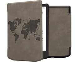 kwmobile e-reader hoesje geschikt voor Pocketbook Verse / Verse Lite / Verse Pro / Color / Vivlio Light/Light HD hoes - Ereader flip case met standaard - Kunstleren e reader cover - Wereldkaart design in grijs