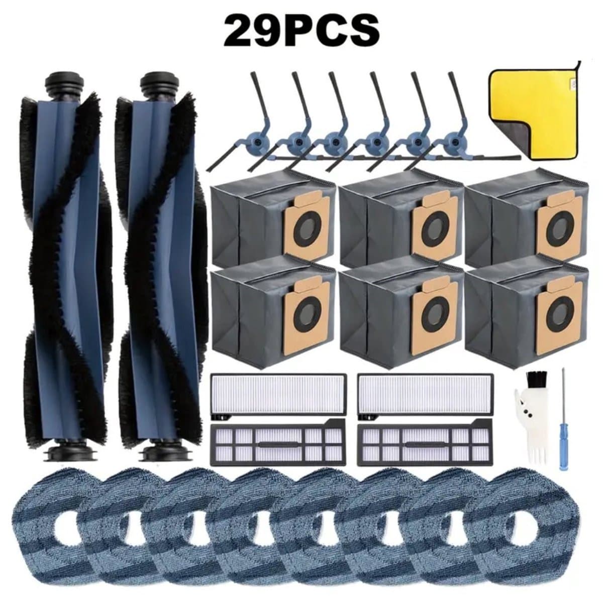 PolkaHome 29 stuks reserveonderdelen geschikt voor eufy X10 Pro Omni stofzuigerrobot, 6 stofzakken, 8 wasbare stofzuigerdoekjes, 6 zijborstels, 4 HEPA-filters, 2 hoofdborstel, 1 reinigingsborstel, 1 schroevendraaier, 1 doek. X10 Pro Omni-accessoires — afbeelding 1