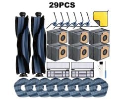 PolkaHome 29 stuks reserveonderdelen geschikt voor eufy X10 Pro Omni stofzuigerrobot, 6 stofzakken, 8 wasbare stofzuigerdoekjes, 6 zijborstels, 4 HEPA-filters, 2 hoofdborstel, 1 reinigingsborstel, 1 schroevendraaier, 1 doek. X10 Pro Omni-accessoires