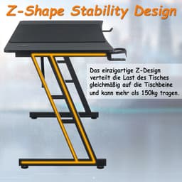 160 x 60 cm, Gamingtafel, stabiele computertafel, pc-tafel, zwart, met bekerhouder en koolstofvezelcoating, 2 openingen voor kabel, gamertafel, gamingtafel, bureau, zonder led — thumbnail 5