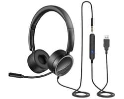 USB Headset - Noise Cancelling Koptelefoon - In-Line Bediening - Voor Thuis & Kantoor - Compatibel met PC & Laptop - Gebruikers - Zwart - Universeel - 1 stuk