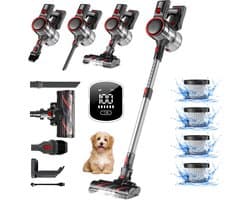 Elekiatech Steelstofzuiger - Touchscreen en anti - klit borstel - Steelstofzuiger Draadloos - Batterijduur tot 50 minuten - 1,5 L Stofbak - Geschikt voor tapijt, harde vloeren en dierenhaar - Rood