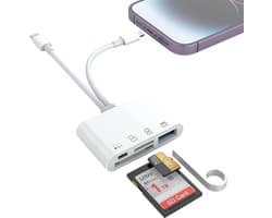 8-Pin + USB-C naar USB-C Female + USB Female + SD + Micro-SD (tf) kaartlezer adapter hub - cardreader - geschikt voor o.a. iPhone en laptop - wit